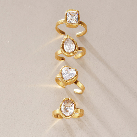 Luxurious Series Heart Geometric Shape Stainless Steel Waterproof Gold Color Zircon Women's Gemstone Rings
