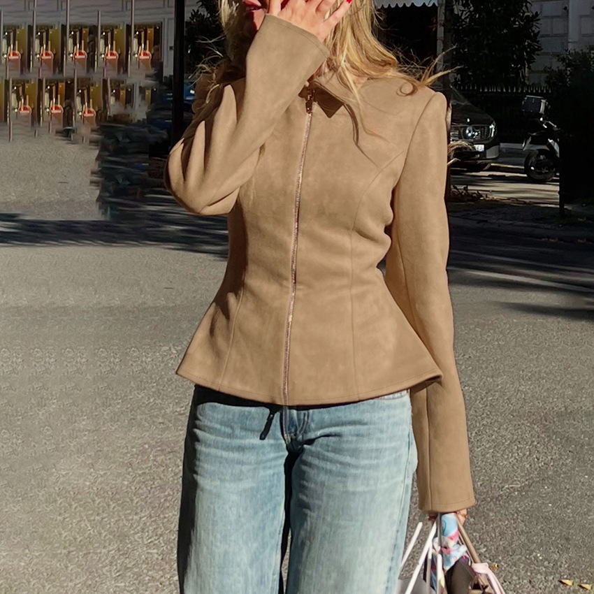 Retro Solid Color Casual Vintage Waist‑Defined Suede Jackets & Coats Picture2