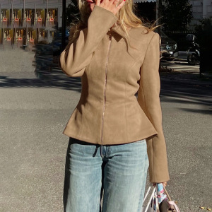 Retro Solid Color Casual Vintage Waist‑Defined Suede Jackets & Coats h5 Picture2
