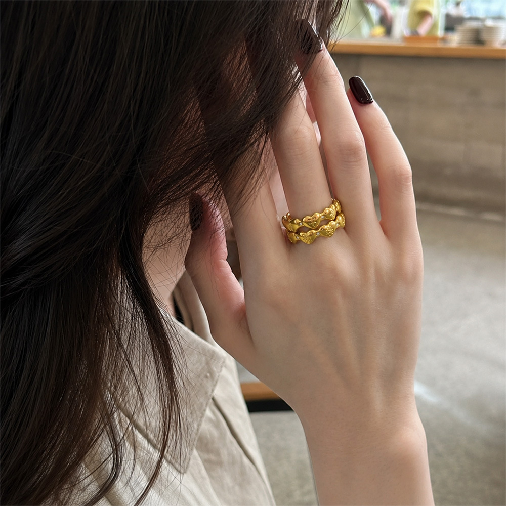 Heart Shape Cross Rose Pattern Stainless Steel Waterproof Gold Color Minimalist Rings Picture3