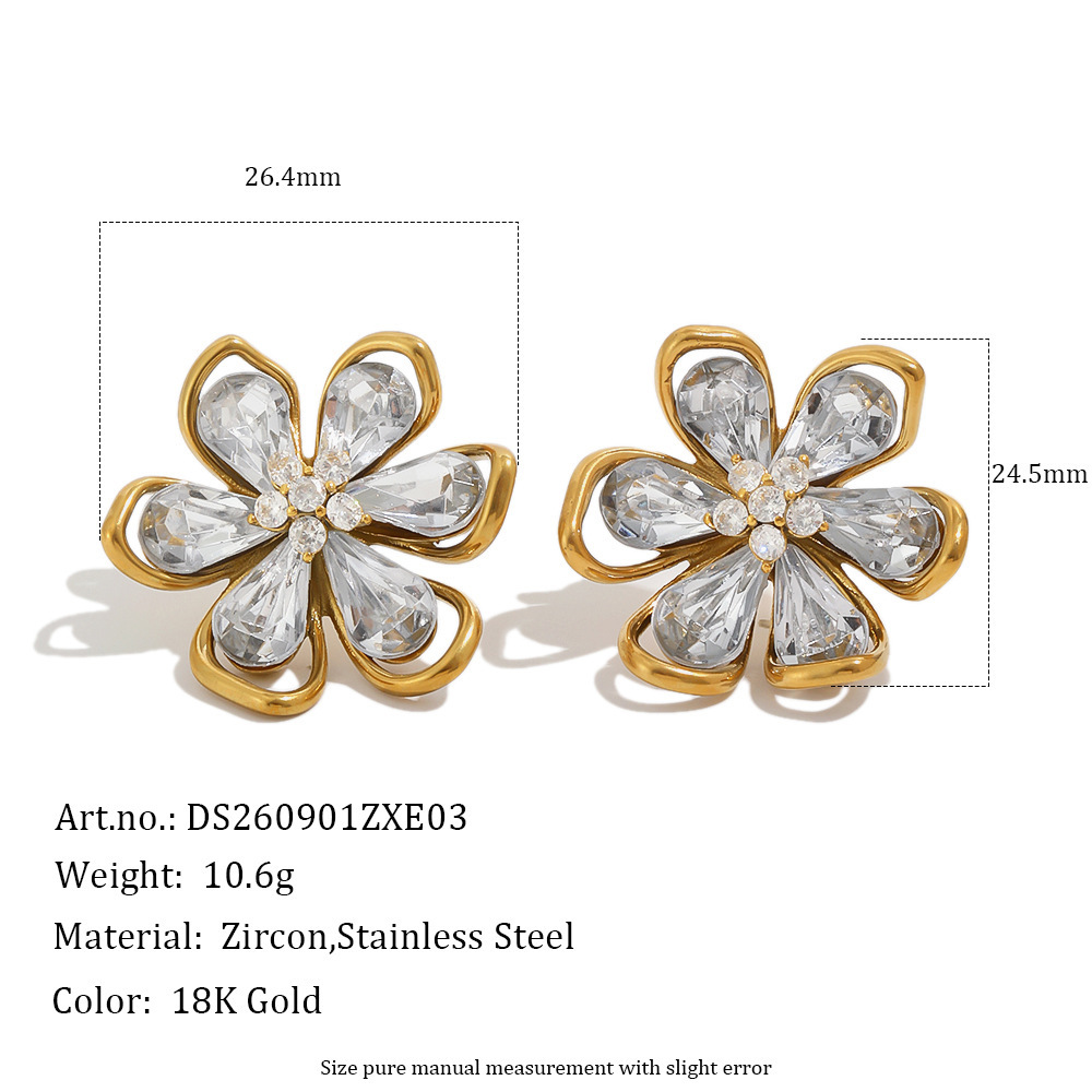 Romantic Series Elegant Flower Stainless Steel Waterproof Gold Color Zircon Women's Stud Earrings 