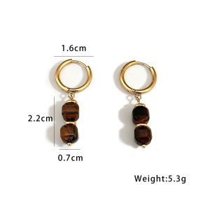Simple Series Retro Beads Stainless Steel Waterproof   Gold Color  Natural Stone Women's Hoop Earrings h5 Picture4