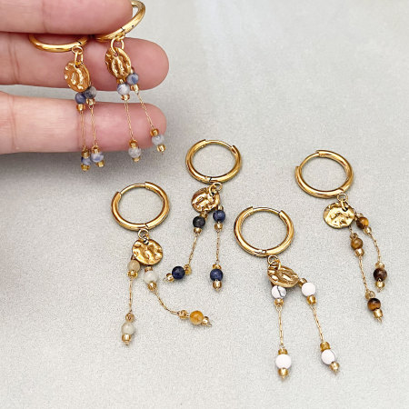 Simple Series Retro Beads Circle Hammer Pattern Stainless Steel Waterproof Gold Color Women's Beads Earrings