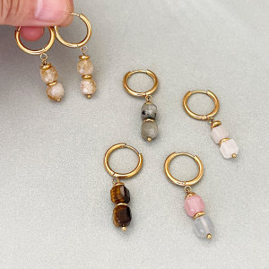 Simple Series Retro Beads Stainless Steel Waterproof   Gold Color  Natural Stone Women's Hoop Earrings h5 Picture2