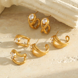 Irregular Shape Stainless Steel Waterproof Gold Color Zircon Women's Stud Earrings h5 Picture2