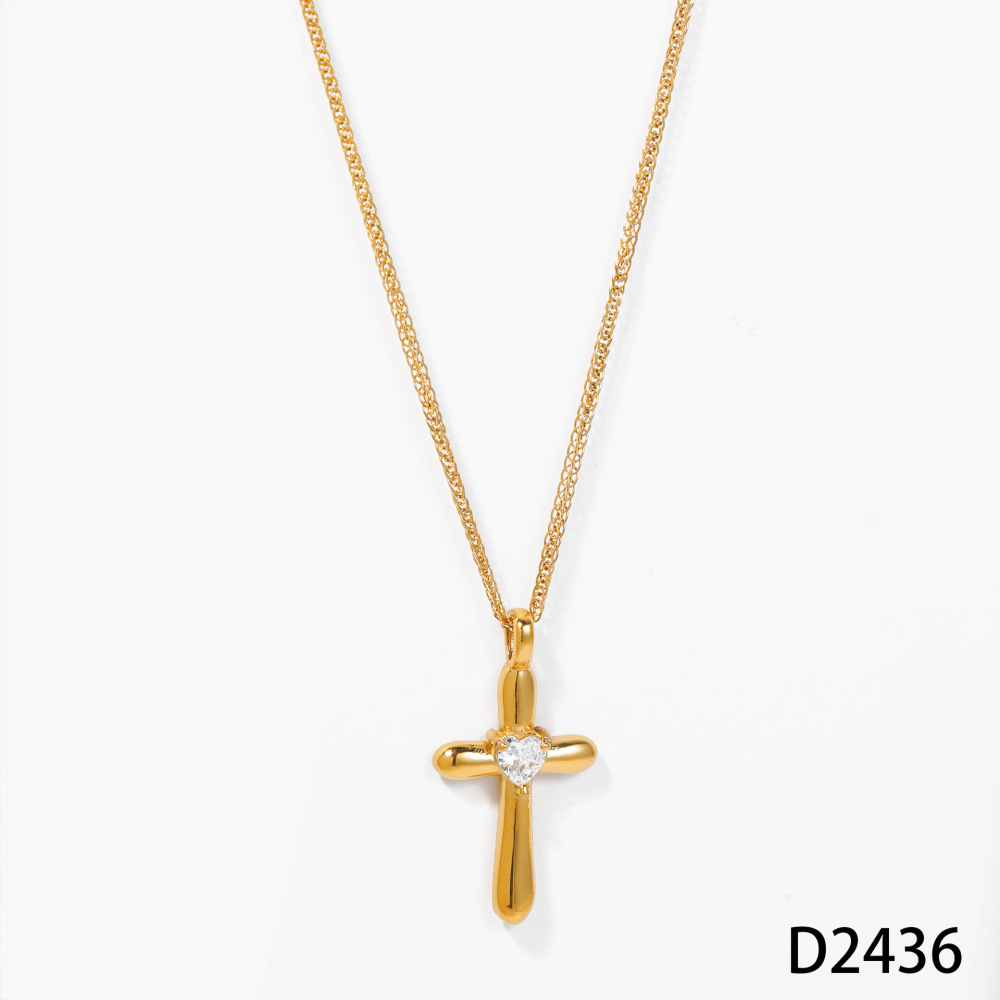 Simple Series  Heart Cross Stainless Steel Waterproof   Gold Color  Zircon Women's Pendant Necklaces 