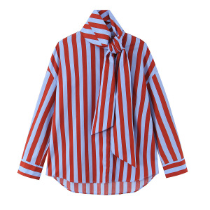 Casual Stripes Bow Tie-Up Loose Fit  Blouses & Shirts h5 