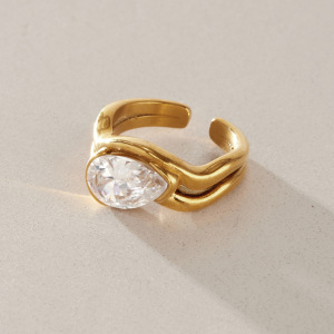 Luxurious Series Simple Droplet Stainless Steel Waterproof Gold Color Zircon Women's Gemstone Rings h5 Picture2
