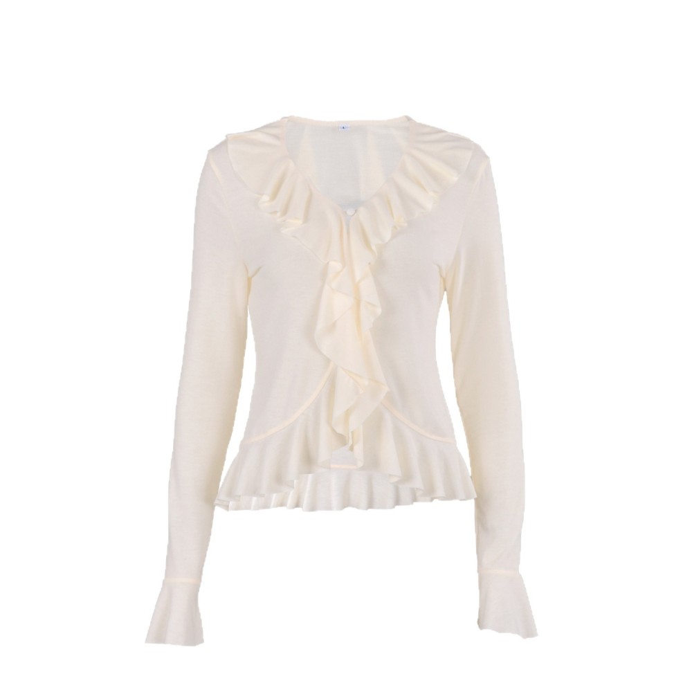 Elegant Solid Color Ruffle Slim Fit Long Sleeve Tops h5Picture4