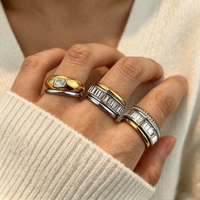 Classic Series Punk Irregular Shape Stainless Steel Waterproof Gold Color Rhinestone Ring Sets Picture3