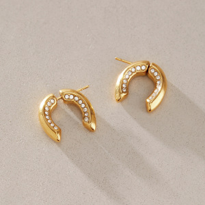 Simple Series Daily Circle Stainless Steel Waterproof   Gold Color  Zircon Women's Stud Earrings h5 Picture3