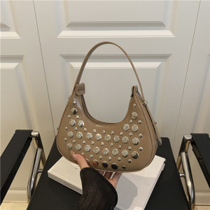 Streetwear Style Metal Hardware Studded Solid Color Rivet Pu Women's Underarm Shoulder Bags h5 Picture3