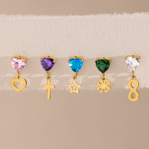 Simple Series Schattige Kruisje Met Klavertje Vier, Roestvrij Staal, Waterdicht, Goudkleurige Zirkonia Oorbellen Voor Dames h5 Afbeelding2