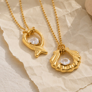 Shell Fish Shape Stainless Steel Waterproof Gold Color Zircon Women's Pendant Necklaces h5 Picture2