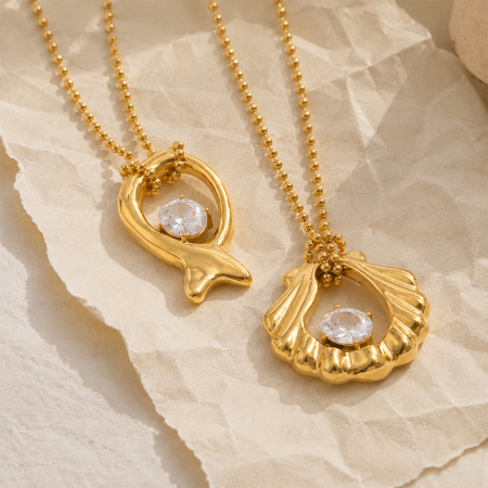 Shell Fish Shape Stainless Steel Waterproof Gold Color Zircon Women's Pendant Necklaces 2