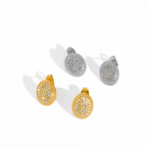 Ellipse Shape Stainless Steel Waterproof Gold Color Rhinestone Women's Stud Earrings h5 Picture3