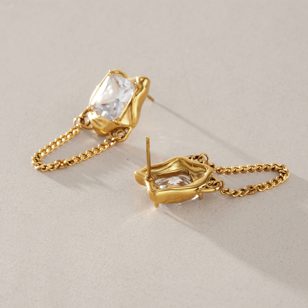 Simple Tassel Geometric Shape Stainless Steel Waterproof Gold Color Zircon Women's Stud Earrings h5Picture4