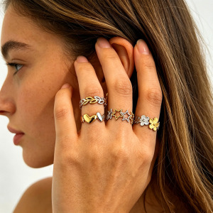 Simple Series Daily Flower Star Stainless Steel Waterproof   Gold Color  Statement Rings h5 Picture2