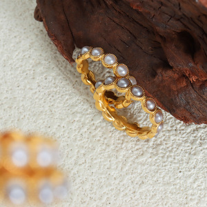 Stainless Steel Waterproof Gold Color Artificial Pearl Women's Gemstone Rings h5 Picture3
