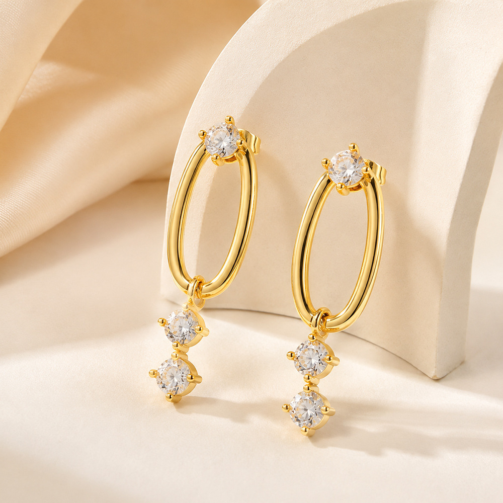 Simple Circle Stainless Steel Waterproof Gold Color Zircon Women's Drop Earrings h5Picture4