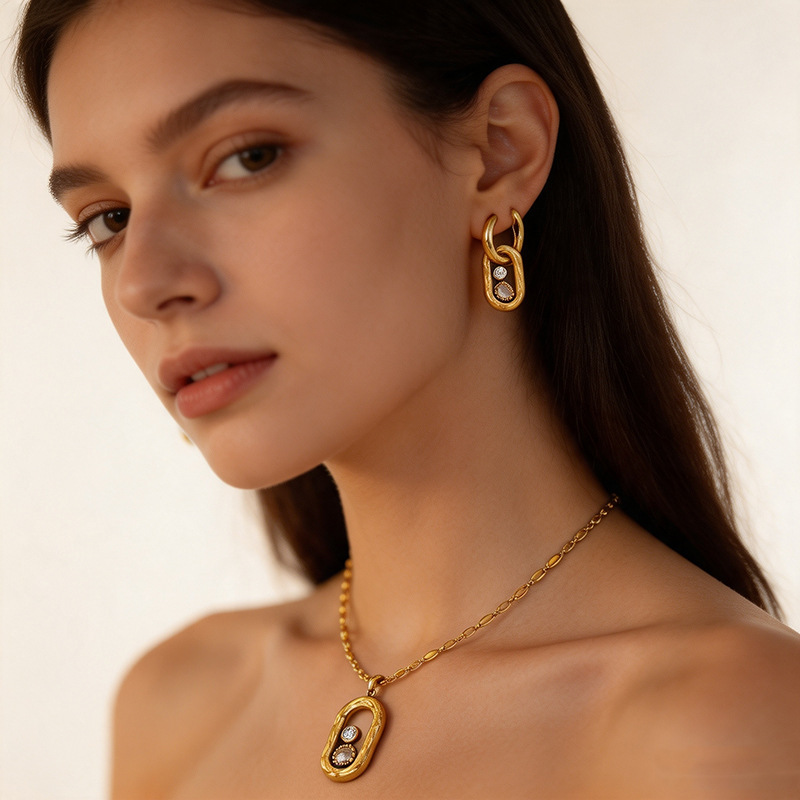Romantic Series Sexy Droplet Stainless Steel Waterproof Gold Color Women's Jewelry Sets h5Picture4