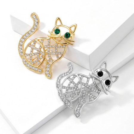 Luxurious Series Cute Animal Cat Metal Rhinestone Brooches 2