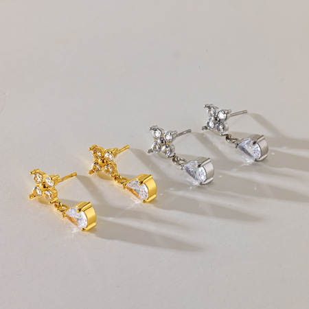 Pendientes Colgantes De Mujer De La Serie Romántica Clover, De Acero Inoxidable, Impermeables, Color Dorado Y Con Circonitas. 2