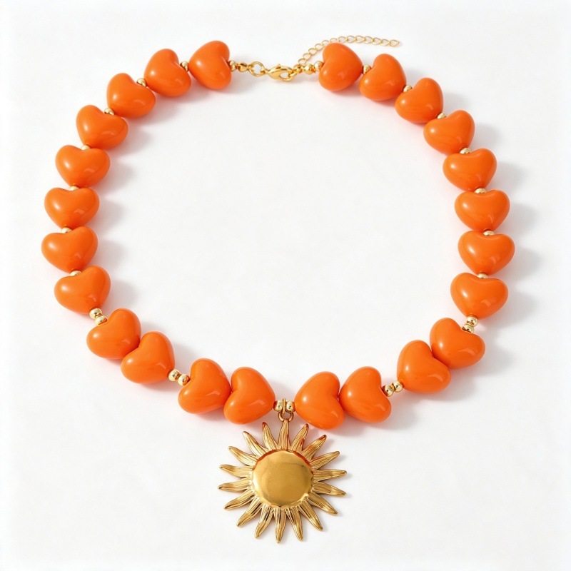 Simple Series Retro Heart Beads Resin Gold Color Women's Beaded Necklaces