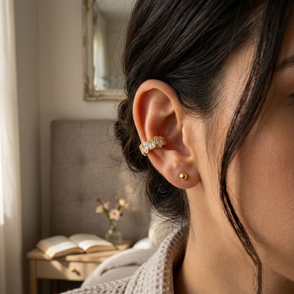 Stainless Steel Waterproof Gold Color Zircon Women's Ear Cuffs h5Picture2