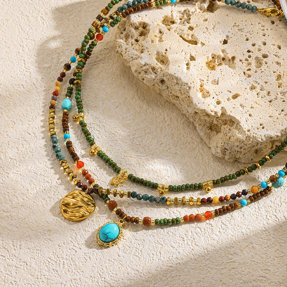 Classic Series Retro Flower Beads Geometric Shape  Gold Color  Natural Stone Women's Beaded Necklaces Picture3