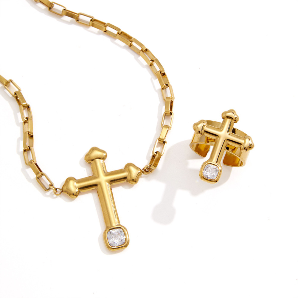Simple Series Retro Cross Stainless Steel Waterproof   Gold Color  Zircon Women's Jewelry Sets Picture5