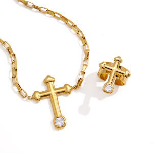 Simple Series Retro Cross Stainless Steel Waterproof   Gold Color  Zircon Women's Jewelry Sets h5 Picture5