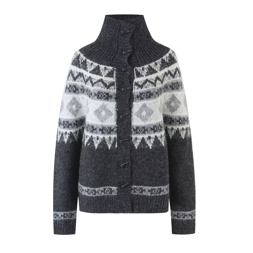 Stylish Vintage Fair Isle Jacquard Knit Cardigan With Horn Buttons