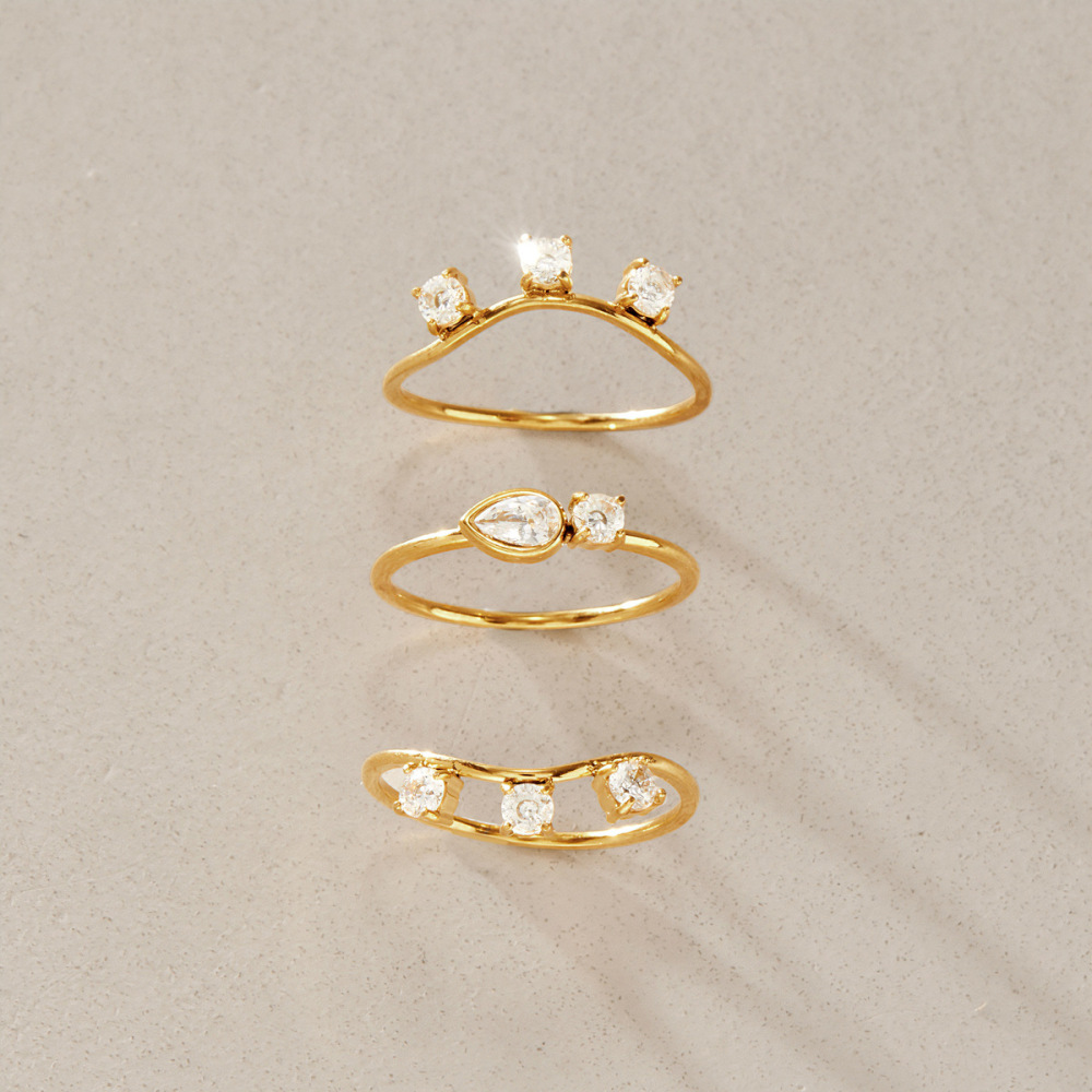 Simple Series Elegant Droplet Irregular Shape Stainless Steel Waterproof   Gold Color  Zircon Ring Sets Picture4