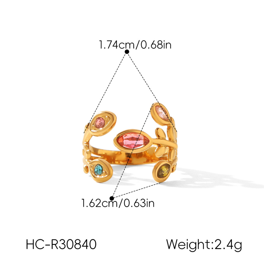 Simple Series Daily Leaf Stainless Steel Waterproof   Gold Color  Zircon Women's Gemstone Rings Picture2