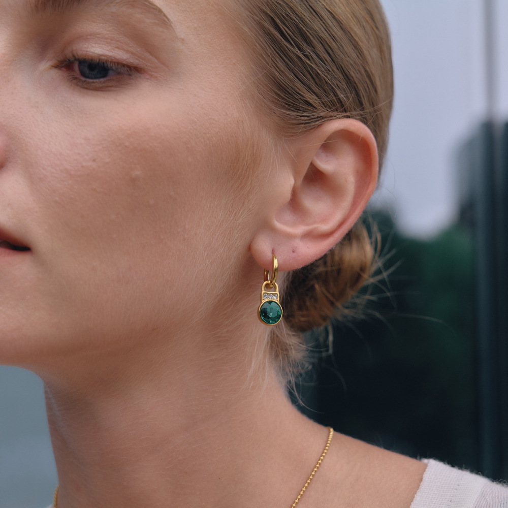 Luxurious Series Elegant Lock Stainless Steel Waterproof   Gold Color  Zircon Women's Drop Earrings Picture2