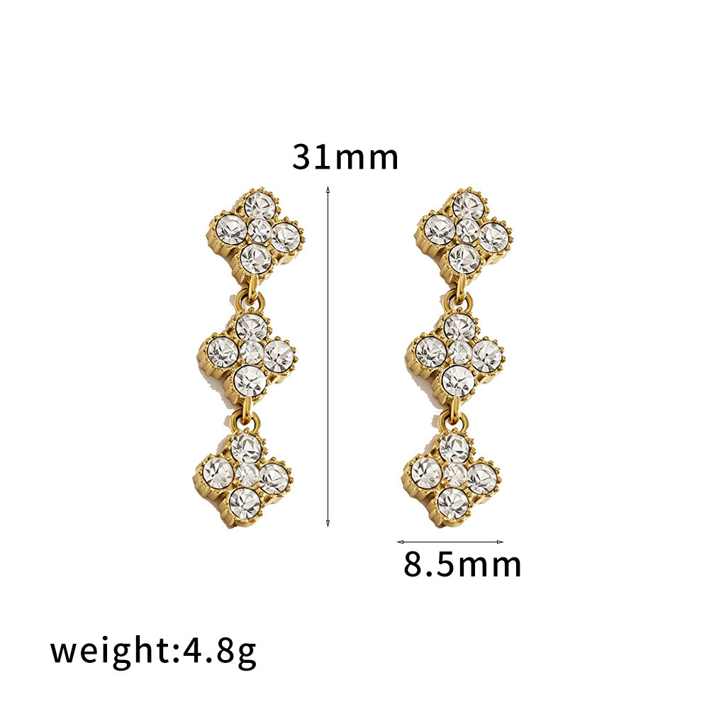 Luxurious Series Clover Stainless Steel Waterproof Gold Color Rhinestone Women's Dangle Earrings 