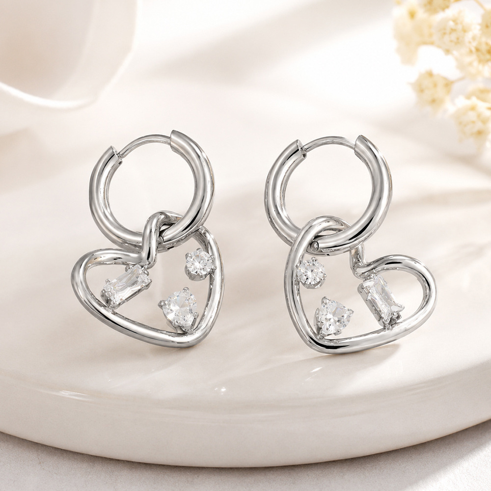 Simple Heart Stainless Steel Waterproof Gold Color Zircon Women's Drop Earrings h5Picture3