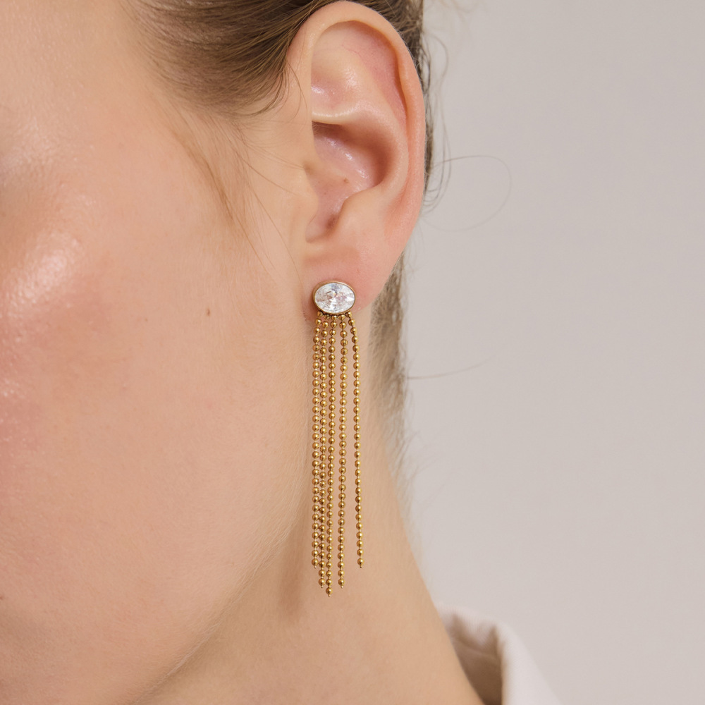 Elegant Tassel Stainless Steel Waterproof Gold Color Zircon Women's Dangle Earrings Picture4