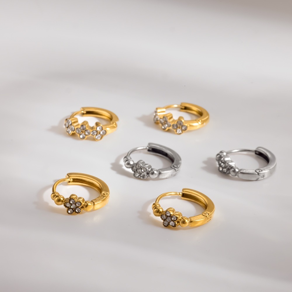 Clover Stainless Steel Waterproof Gold Color Rhinestone Women's Hoop Earrings Picture2