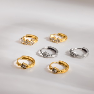 Clover Stainless Steel Waterproof Gold Color Rhinestone Women's Hoop Earrings h5 Picture2