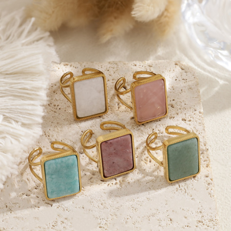 Simple Rectangle Stainless Steel Waterproof Gold Color Natural Stone Women's Gemstone Rings