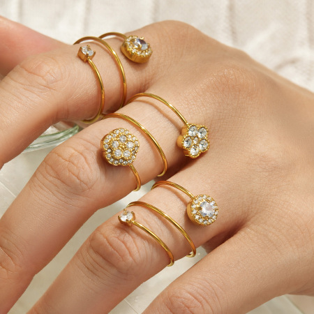 Romantic Series Elegant Flower Stainless Steel Waterproof Gold Color Zircon Women's Gemstone Rings 2
