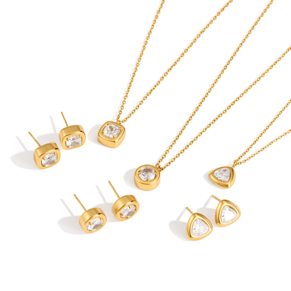 Simple Series Daily Circle Triangle Stainless Steel Waterproof   Gold Color  Zircon Women's Jewelry Sets Picture4