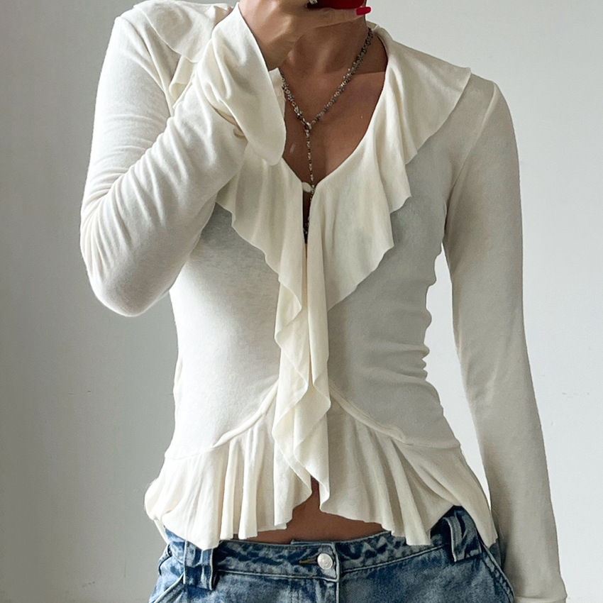 Elegant Solid Color Ruffle Slim Fit Long Sleeve Tops h5Picture3