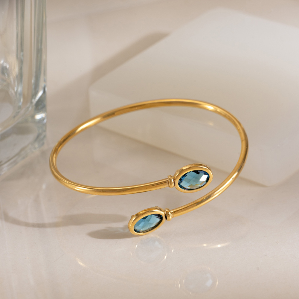 Ellipse Shape Stainless Steel Waterproof Gold Color Crystal Women's Cuff Bracelets h5Picture3