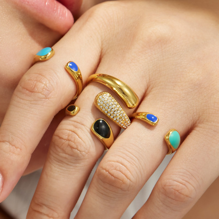 Enamel Stainless Steel Waterproof Gold Color Zircon Statement Rings 2