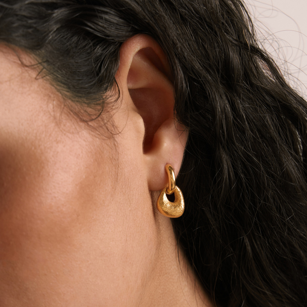 Simple Series Retro Irregular Shape Hammer Pattern Stainless Steel Waterproof Gold Color Women's Drop Earrings Picture3