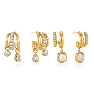Geometric Shape Stainless Steel Waterproof Gold Color Zircon Women's Stud Earrings h5 Picture4