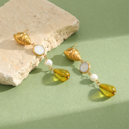 Orecchini Pendenti Della Serie Romantic In Acciaio Inossidabile Impermeabile Color Oro Con Perle Artificiali 2